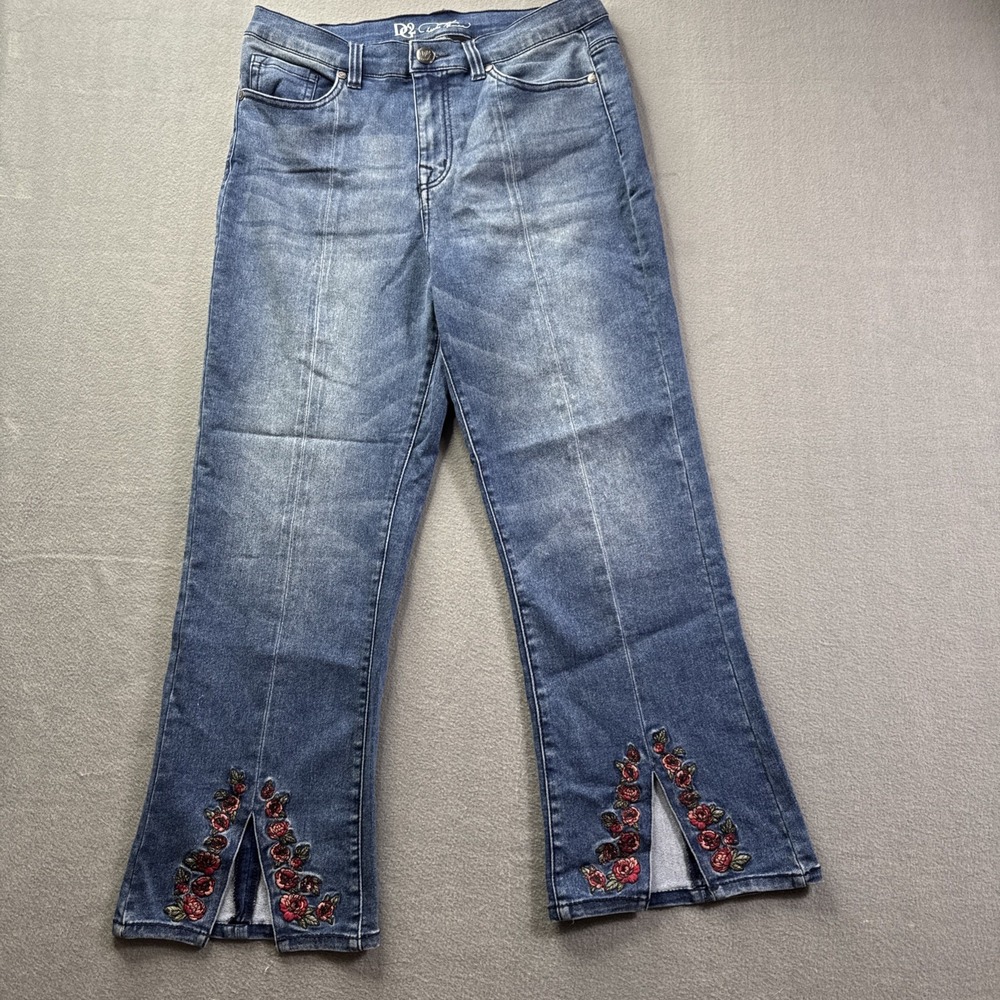 DG2 Diane Gilman High Rise Floral Jeans Embroidered Festival Denim Sz 10P V Hem